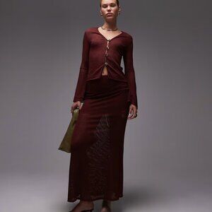 ASOS Design Crochet Fishtail Maxi Skirt in Burgundy